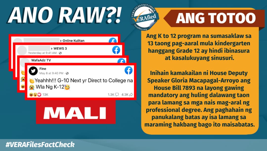 VERA FILES FACT CHECK: HINDI inalis ang K to 12; kailangan pa ring tapusin ng mga grade 10 ang SHS
